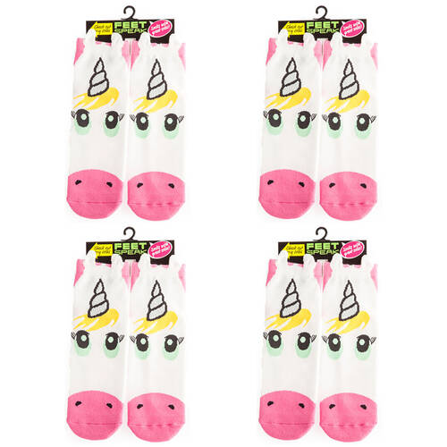 4PK Feet Speak Unicorn Women's Casual Crew Socks White One-Size