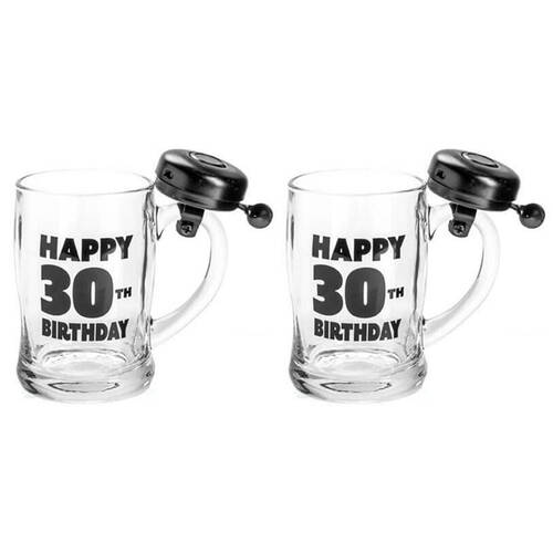 2PK MDI Bell Mug Beer Stein Glass Party Drinkware Clear - Happy 30th Birthday