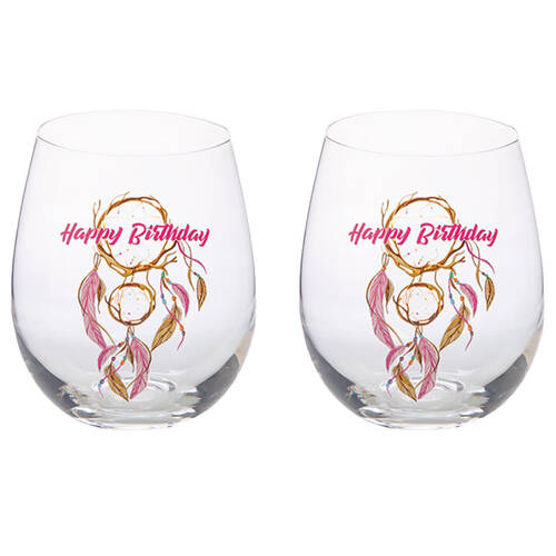 2PK Tallulah Bevel Stemless Wine Glass Drinkware Dreamcatcher Happy Birthday