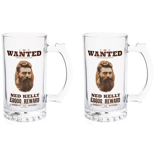 2PK Outback Mates Beer Stein Glass Mug Drinkware 450ml Clear Bushranger Ned
