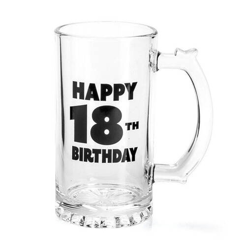 MDI Beer Stein Glass Mug Party Drinkware Clear - Happy 18th Birthday