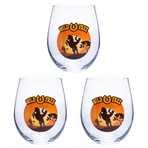 3PK Tallulah Stemless Wine Glass Tumbler Party Drinkware Cowboy Clear