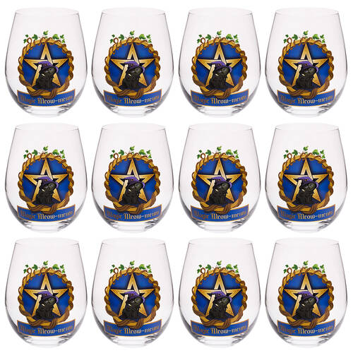12PK Tallulah Stemless Wine Glass Tumbler Party Drinkware Black Cat Clear