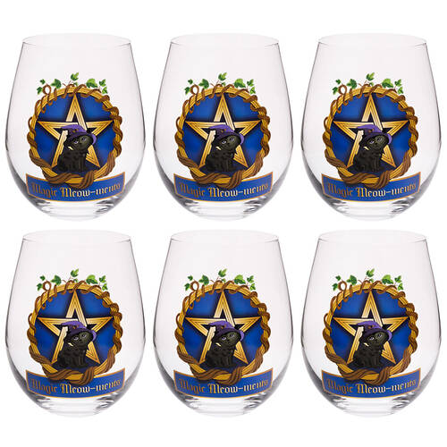 6PK Tallulah Stemless Wine Glass Tumbler Party Drinkware Black Cat Clear