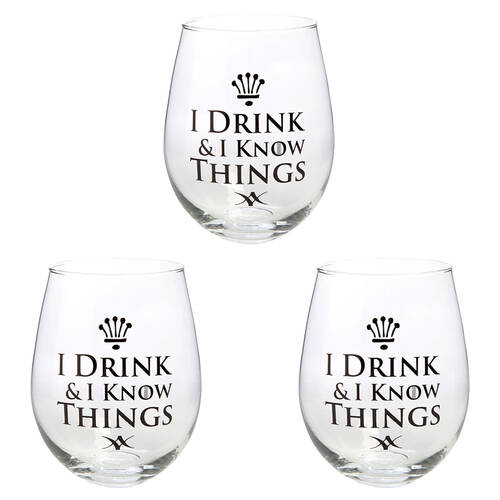 3PK Tallulah Stemless Wine Glass Tumbler Party Drinkware I Drink Know Clear