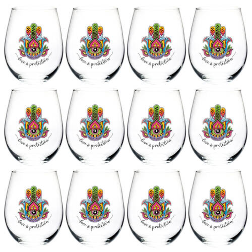 12PK Tallulah Wellness Stemless Wine Glass Tumbler Drinkware Hamsa Clear