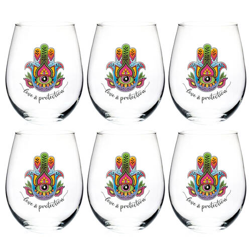 6PK Tallulah Wellness Stemless Wine Glass Tumbler Drinkware Hamsa Clear