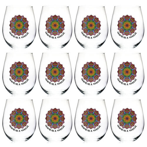 12PK Tallulah Wellness Stemless Wine Glass Tumbler Drinkware Mandala Clear