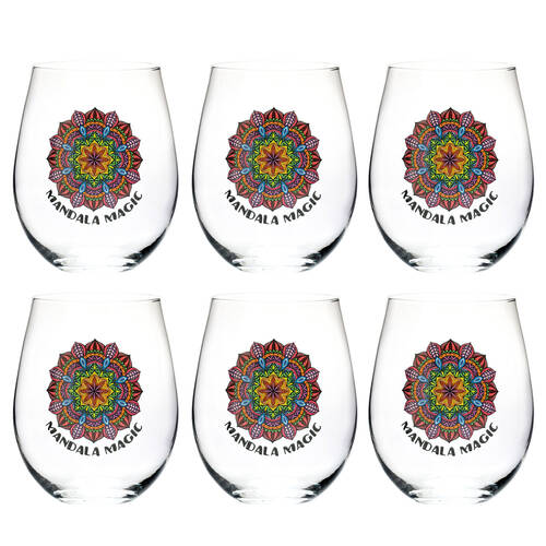 6PK Tallulah Wellness Stemless Wine Glass Tumbler Drinkware Mandala Clear