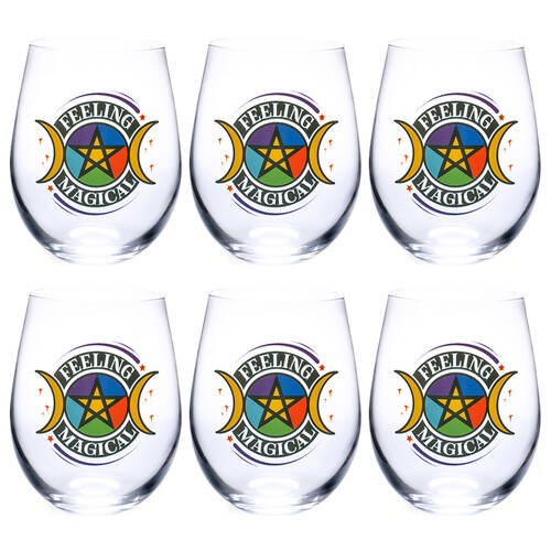 6PK Tallulah Wellness Stemless Wine Glass Tumbler Drinkware Pentacle Clear