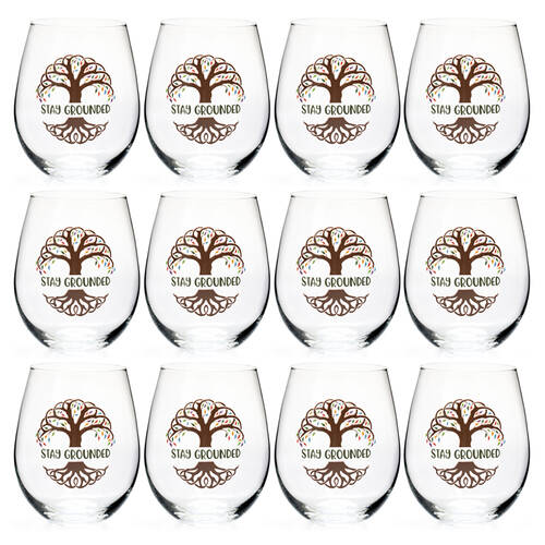 12PK Tallulah Wellness Stemless Wine Glass Tumbler Drinkware Tree of Life Clear