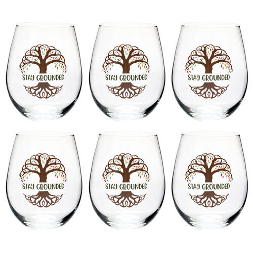 6PK Tallulah Wellness Stemless Wine Glass Tumbler Drinkware Tree of Life Clear