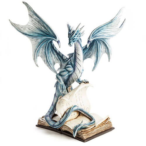Mystical Worlds Large Blue Dragon Figurine w/ Ancient Book Display 27x41cm