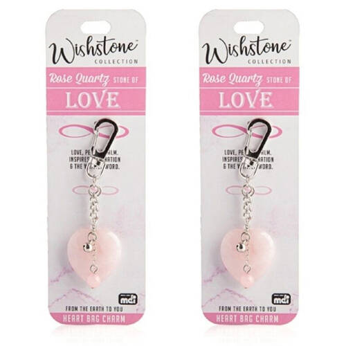 2PK Wishstone Rose Quartz Stone Heart Bag Charm Women's Carabiner 4x10x1cm