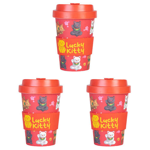 3PK Lucky Cat Eco-To-Go Bamboo 470ml Travel Cup 6.5x14.5cm Lucky Kitty