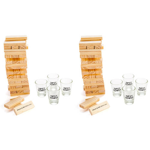 2PK MDI Wooden Tipsy Tower w/ Shot Glasses Drinking Game - Brown