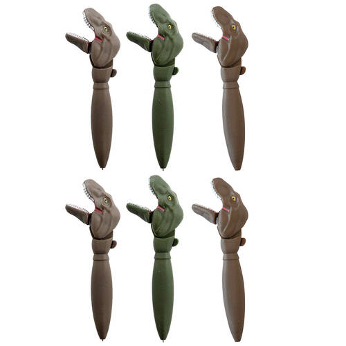 6PK Dino Island T-Rex Biting Ball Point Pen Kids Stationery Writing Assorted