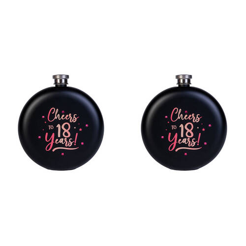 2PK MDI Cheers to 18 Years! Round Stainless Steel Flask 265ml Black/Rose Gold