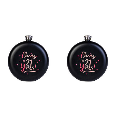 2PK MDI Cheers to 21 Years! Round Stainless Steel Flask 265ml Black/Rose Gold