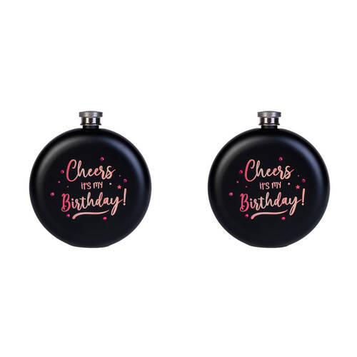 2x MDI Cheers Its My Birthday! Stainless Steel Flask 265ml Black/Rose Gold