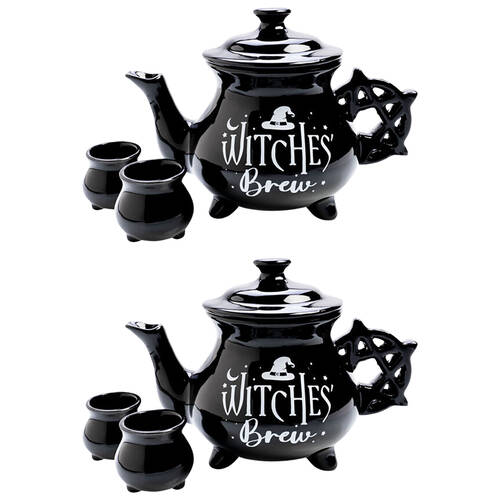 2PK MDI Cauldron Teapot w/ 2xTeacups Set Black Witches Brew