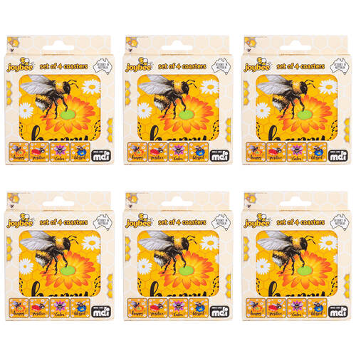 6x 4pc Joybee Cork-Backed Drink Coasters Set Square Bee Yellow