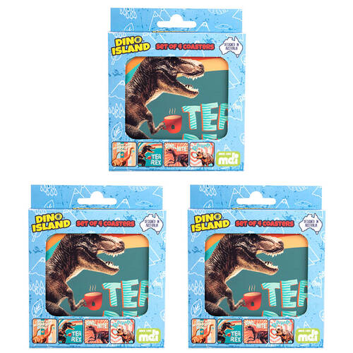 3x 4pc Dino Island Cork-Backed Drink Coasters Set Square Dino