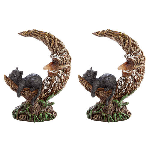 2PK MDI LED Polyresin Moon Tree w/ Black Cat Figure Home Decor 16.5x21.2cm