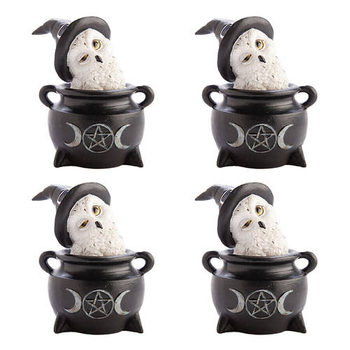 4PK Mystical Worlds Snowy Owl Cauldron Figurine Ornament Home Decor 7.7x10cm