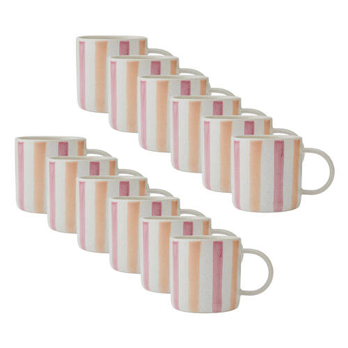 12PK Mikasa Stoneware Coffee Mug Drinkware 380ml - Pink & Red Stripe