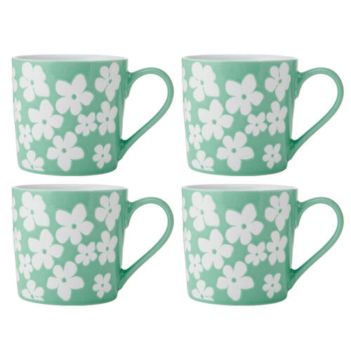 4PK Mikasa 360ml Wax Resist Green Flower Coffee Mug Cup Clay Blue