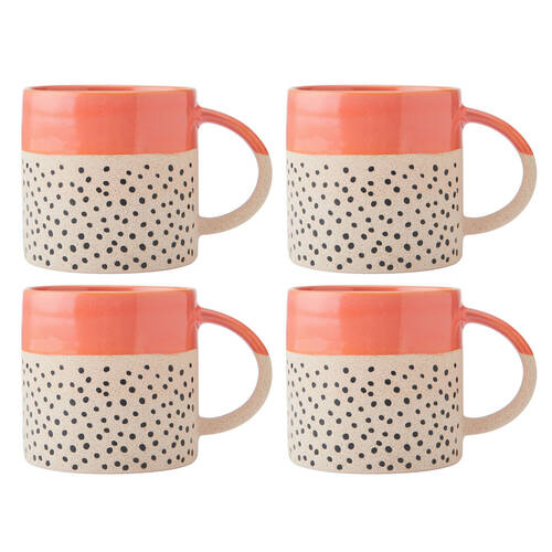 4PK Mikasa 390ml Wax Resist Orange Glaze Coffee Mug Cup Stoneware Blue