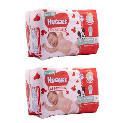 2x 28pc Huggies Essentials Mickey Newborn Absorbent Size 1