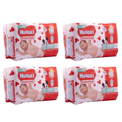 4x 28pc Huggies Essentials Mickey Newborn Absorbent Size 1
