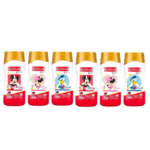 6PK Disney Eskulin Kids 2 in 1 Shampoo & Conditioner 200ml Assorted