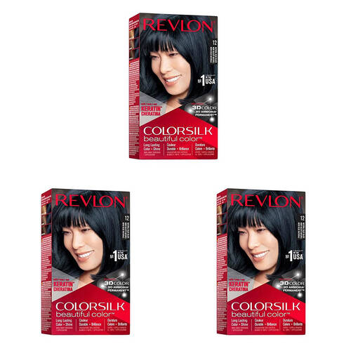 3PK Revlon ColorSilk Permanent Hair Dye Ammonia-Free 12 Natural Blue Black