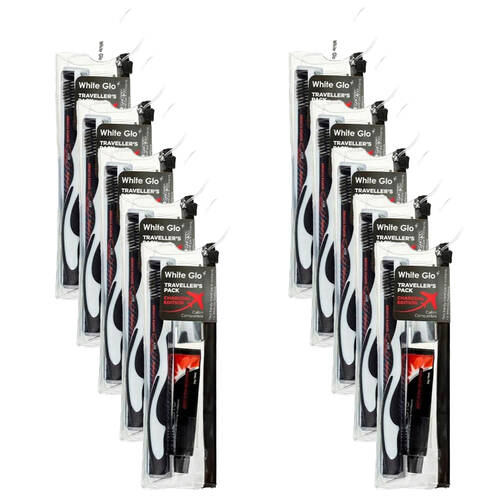 10x 2pc White Glo Travel Pack Whitening Toothpaste & Toothbrush Set Charcoal