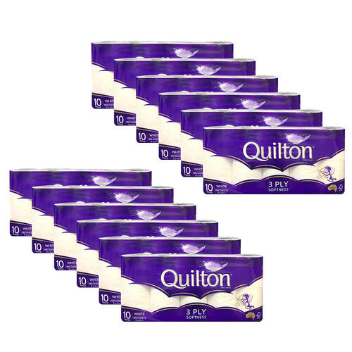 12x 10pc Quilton 180-Sheet Softness Tissue Roll 3-Ply White