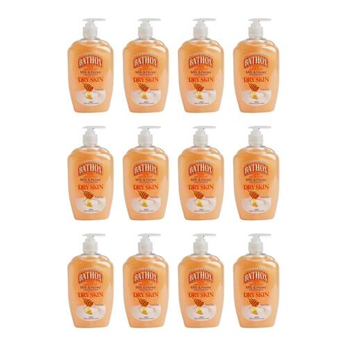 12PK Bathox Handwash Liquid Pump Milk & Honey 600ml For Dry Skin