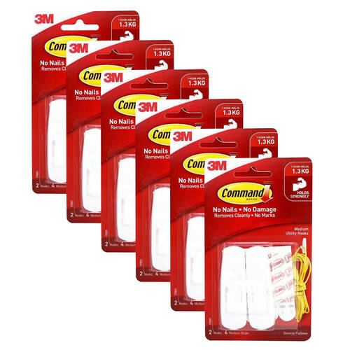 6x 2pc 3M Command No Nail Medium Hanging Utility Wall Hook Holds 1.3kg White