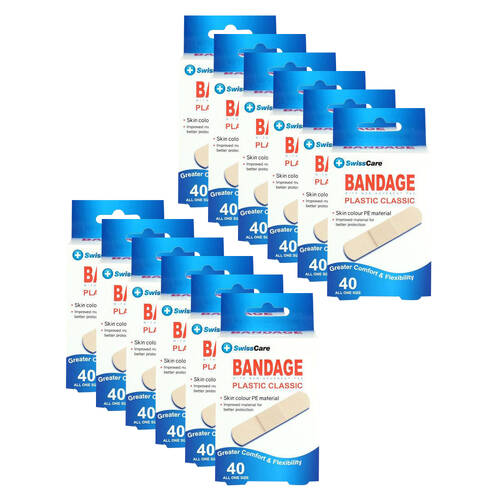 12PK 40pc Swisscare Bandage Plastic Classic Plaster Strips Wound Protection