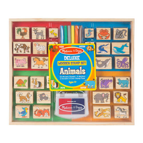30pc Melissa & Doug Deluxe Wooden Stamp Set Kit Kids Toy Animals 4y+