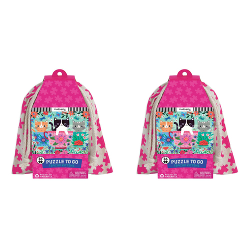 2x 36pc Mudpuppy Kids Jigsaw Puzzle To Go w/ Pouch 30.5x23cm Teacup Kitten 3+