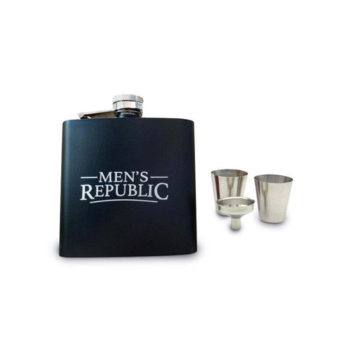 Men's Republic Hip Flask, Funnel and 2 Cups Silver & Black