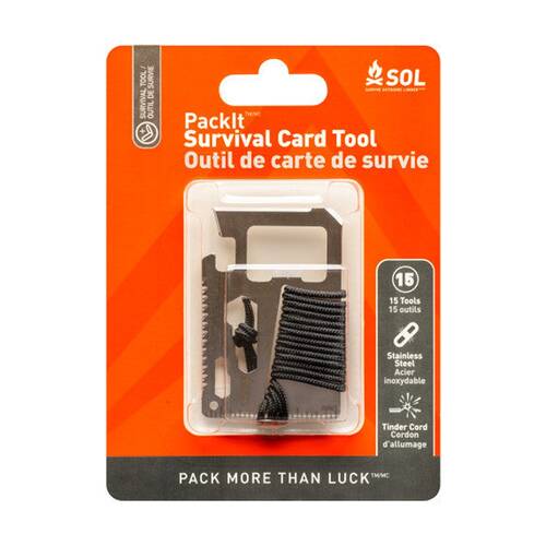 SOL PackIt Survival Card Tool 15-Tool Wallet-Sized Stainless Steel Tinder Cord