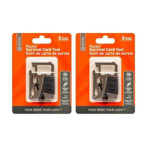 2PK SOL Survival Card Tool 15-Tool Wallet-Sized Stainless Steel Tinder Cord