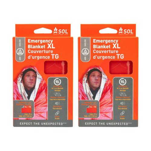 2PK SOL Emergency Blanket XL Heat Reflective Orange 147x249cm Durable Waterproof