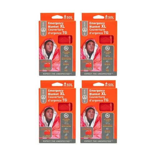 4PK SOL Emergency Blanket XL Heat Reflective Orange 147x249cm Durable Waterproof