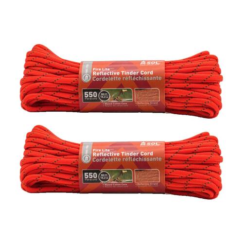 2PK SOL Tinder Cord 550 Grade High Visibility Fire Starter Paracord 50ft
