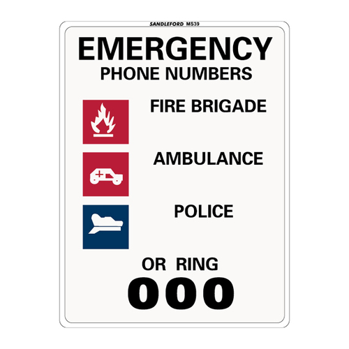 Emergency Phone Numbers Medium Sign 225x300x1mm Polypropylene